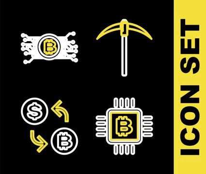 Set line Pickaxe, CPU mining farm, Processor chip with dollar and Cryptocurrency Illustrazione stock