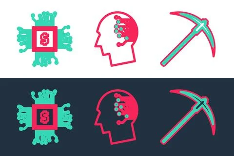 Set line Pickaxe, CPU mining farm and Bitcoin think icon. Vector Illustrazione stock
