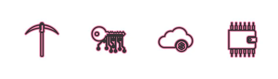 Set line Pickaxe, Cryptocurrency cloud mining, key and wallet icon. Vector Stock Illustration