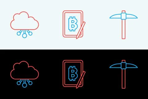 Set line Pickaxe, Cryptocurrency cloud mining and Mining bitcoin from table.. 스톡 일러스트