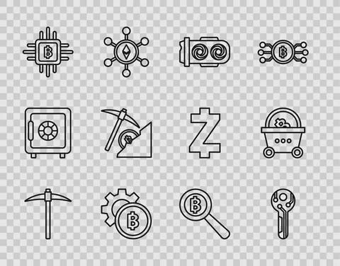 Set line Pickaxe, Cryptocurrency key, Mining farm, coin Bitcoin, CPU mining Illustrazione stock