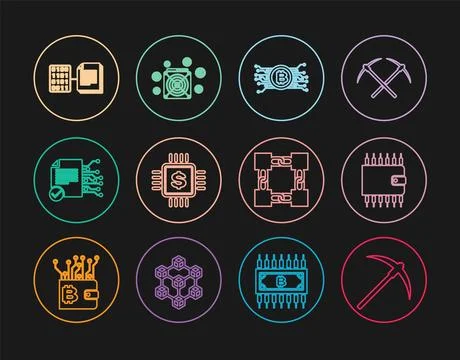 Set line Pickaxe, Cryptocurrency wallet, bitcoin in circuit, Processor chip with Stock Illustration