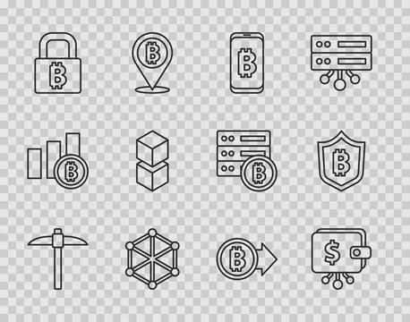 Set line Pickaxe, Cryptocurrency wallet, Mining bitcoin from mobile, Blockc.. Stock Illustration