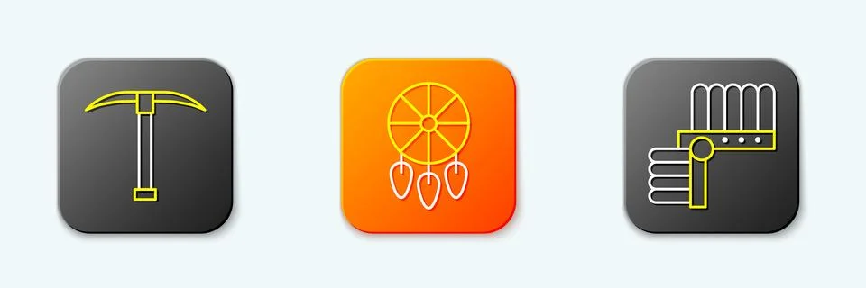 Set line Pickaxe, Dream catcher with feathers and Indian headdress icon. Vect Stock-Illustration