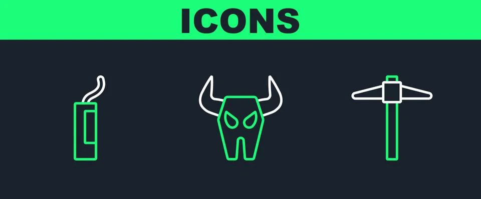 Set line Pickaxe, Dynamite bomb and Buffalo skull icon. Vector Illustrazione stock