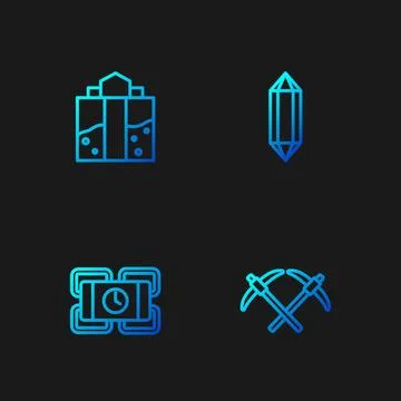 Set line Pickaxe, Dynamite, Mine entrance and Gem stone. Gradient color ico.. Stock Illustration