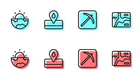 Set line Pickaxe, Earth core structure crust, Oilfield and Topographic map .. Stock Illustration