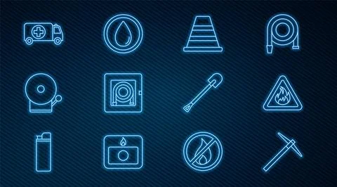 Set line Pickaxe, Fire flame in triangle, Traffic cone, hose cabinet, Ringing Illustration