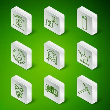 Set line Pickaxe, Fire truck, First aid kit, hose reel, flame, Phone with e.. Stock Illustration