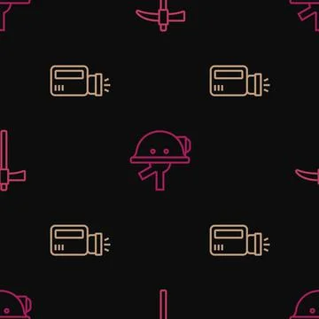 Set line Pickaxe, Flashlight and Miner helmet on seamless pattern. Vector イラスト素材