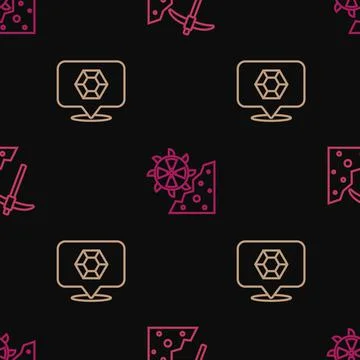 Set line Pickaxe, Gem stone and Bucket wheel excavator on seamless pattern Stock Illustration