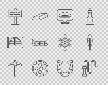 Set line Pickaxe, Leather whip, Location cowboy, Revolver cylinder, Road traf Illustration