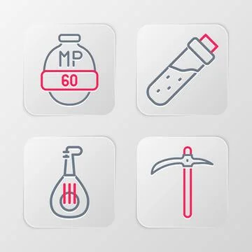Set line Pickaxe, Lute, Bottle with potion and Video game bar icon. Vector Stock Illustration