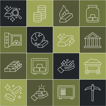Set line Pickaxe, Mine cart with gold, Bank building, Molten being poured, Gold Ilustración de archivo