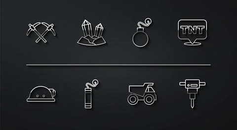 Set line Pickaxe, Miner helmet, Dynamite, Mining dump truck, Gem stone Stock Illustration