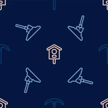 Set line Pickaxe, Shovel in the ground and Bird house on seamless pattern. Ve Stock Illustration