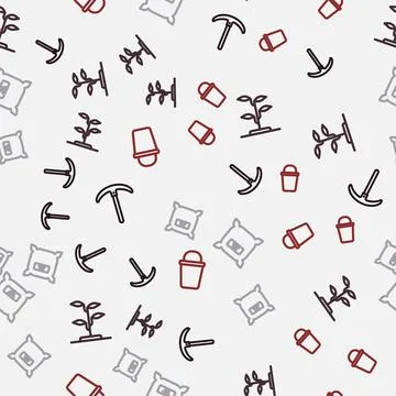 Set line Pickaxe, Sprout, Pack full of seeds and Bucket on seamless pattern Illustrazione stock