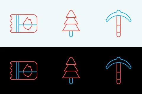 Set line Pickaxe, Ticket in Iceland and Tree icon. Vector イラスト素材