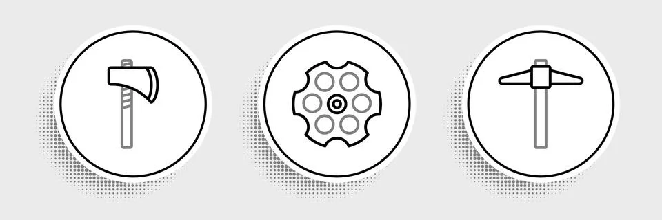 Set line Pickaxe, Tomahawk and Revolver cylinder icon. Vector Illustration