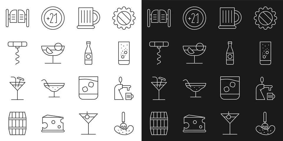 Set line Pickled cucumber on a fork, Beer tap with glass, Effervescent tablet 库存插图