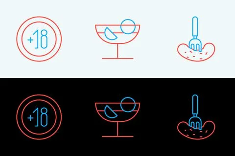 Set line Pickled cucumber on a fork, Alcohol 18 plus and Cocktail icon. Vecto Stock Illustration