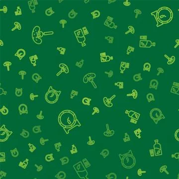 Set line Pickled cucumber on a fork, Wooden barrel rack and Vodka with pepp.. Illustrazione stock