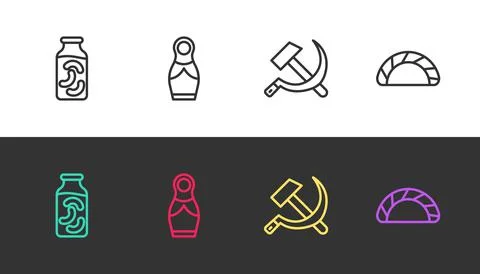 Set line Pickled cucumbers in a jar, Russian doll matryoshka, Hammer and sickle Stock Illustration