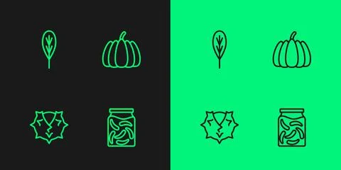 Set line Pickled cucumbers in a jar, Chestnut, Leaf and Pumpkin icon. Vector Stock Illustration