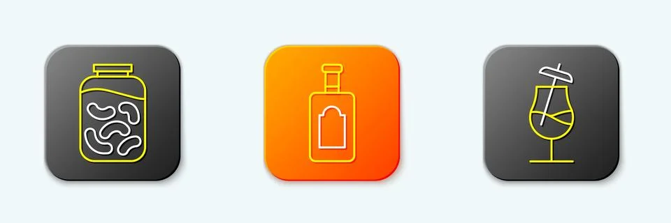 Set line Pickled cucumbers in a jar, Whiskey bottle and Cocktail icon. Vector Stock Illustration