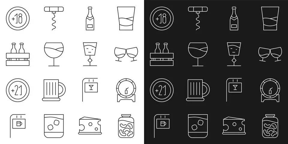 Set line Pickled cucumbers in a jar, Wooden barrel on rack, Glass of cognac.. Stock Illustration