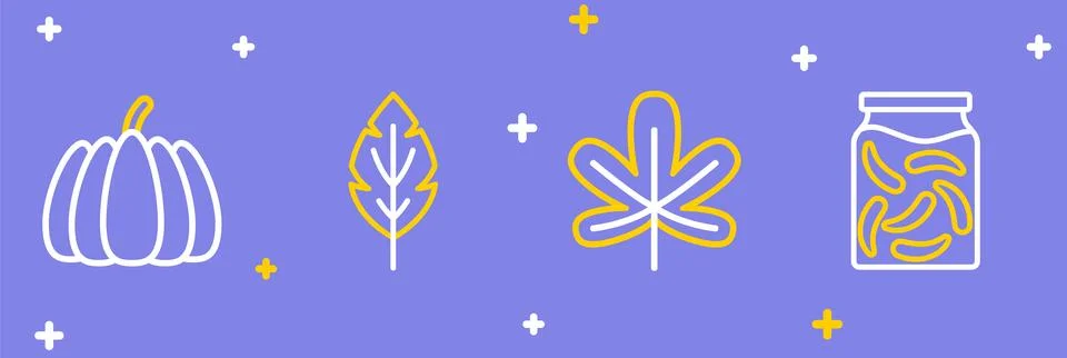 Set line Pickled cucumbers in a jar, Chestnut leaf, Leaf and Pumpkin icon. .. Stock Illustration