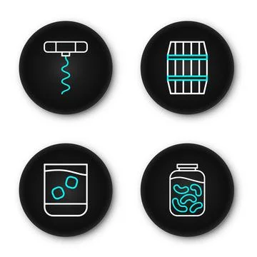 Set line Pickled cucumbers in a jar, Glass of whiskey, Wooden barrel and Wi.. Stock Illustration