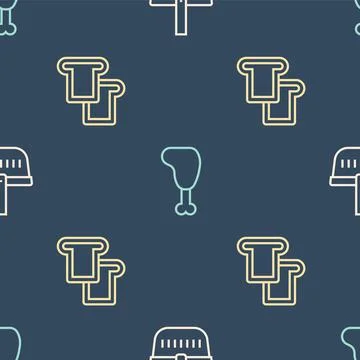 Set line Picnic basket, Bread toast and Chicken leg on seamless pattern. Vector Stock Illustration