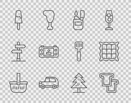 Set line Picnic basket, Bread toast, Lighter, Car, Ice cream, Portable video Stock Illustration