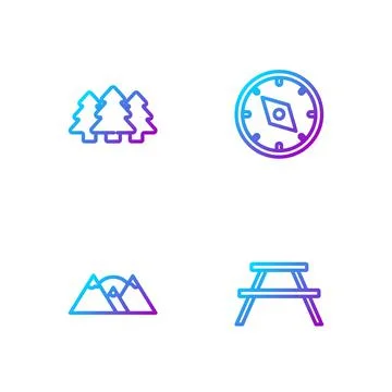 Set line Picnic table with benches, Mountains, Forest and Compass. Gradient Stock Illustration