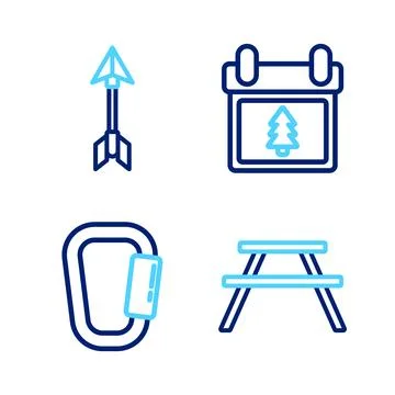 Set line Picnic table with benches, Carabiner, Calendar tree and Hipster ar.. Ilustración de archivo
