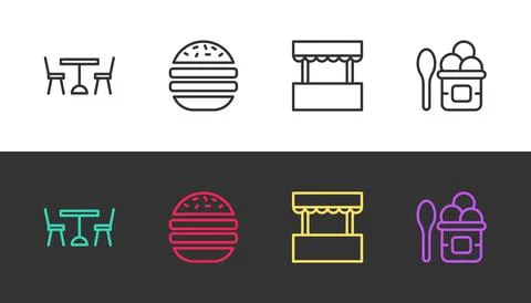 Set line Picnic table with chairs, Burger, Ticket box office and Ice cream in Ilustración de archivo