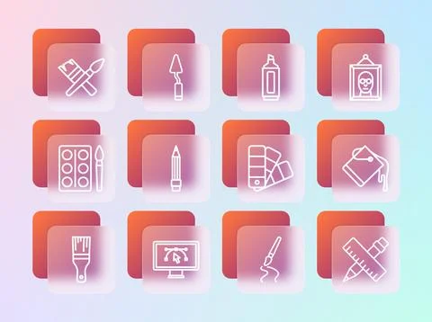 Set line Picture, Computer with design program, Color palette guide, Paint .. Stock Illustration