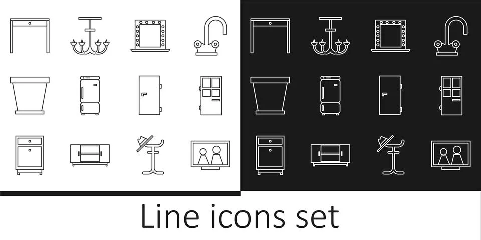 Set line Picture frame on table, Closed door, Makeup mirror with lights, Refr Stock Illustration