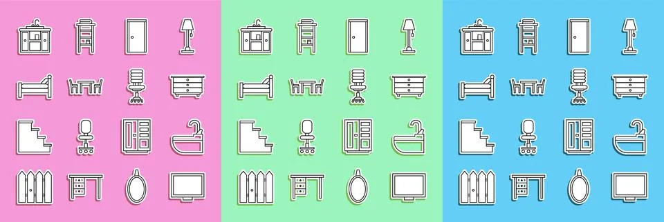 Set line Picture frame on table, Washbasin with water tap, Chest of drawers Stock Illustration