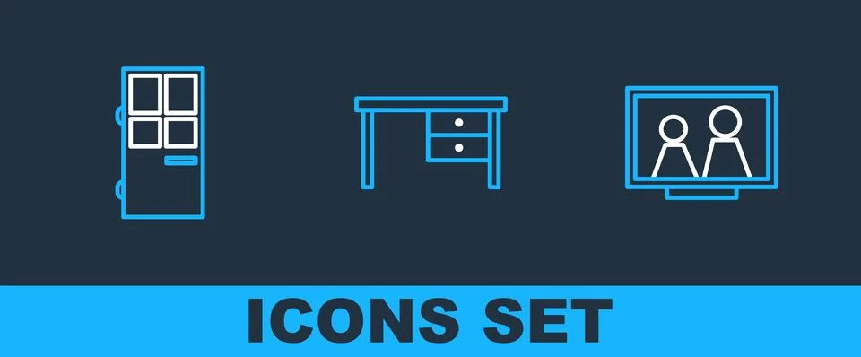 Set line Picture frame on table, Closed door and Office desk icon. Vector Illustration