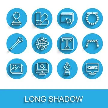 Set line Picture landscape, Computer monitor cursor, Stamp, Fountain pen nib Stock Illustration