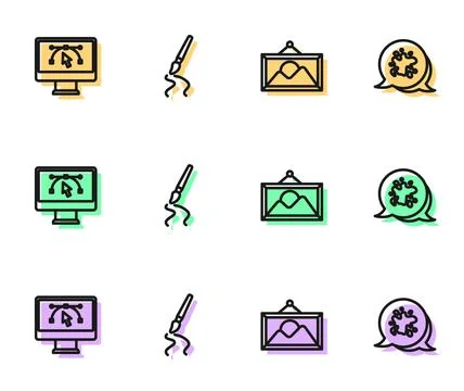 Set line Picture landscape, Computer with design program, Paint brush and s.. 库存插图