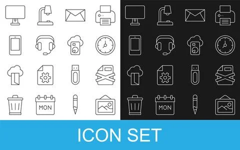 Set line Picture landscape, Delete file document, Clock, Mail e-mail, Headphones Stock Illustration