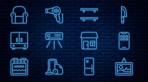 Set line Picture, Mobile Apps, Empty wooden shelves, Air conditioner, Wardrobe Stock Illustration