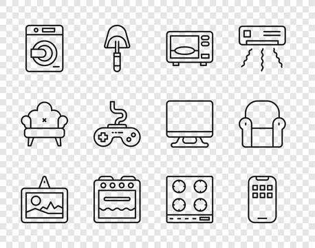 Set line Picture, Mobile Apps, Microwave oven, Oven, Washer, Gamepad, Gas s.. Stock Illustration