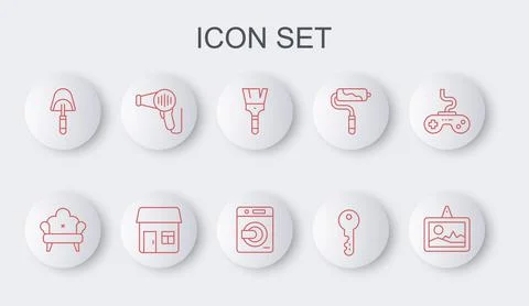 Set line Picture, Sofa, Paint brush, House key, Spatula, Hair dryer, and Washer Stock Illustration