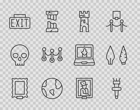Set line Picture, Torch flame, Castle tower, Earth globe, Exit sign, Rope Ilustración de archivo