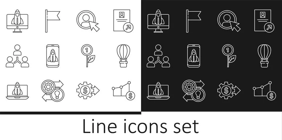 Set line Pie chart and dollar, Hot air balloon, Create account screen, Startup Illustrazione stock