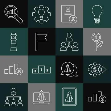Set line Pie chart and dollar, Gear with, Dollar plant, Job promotion, Location Stock Illustration
